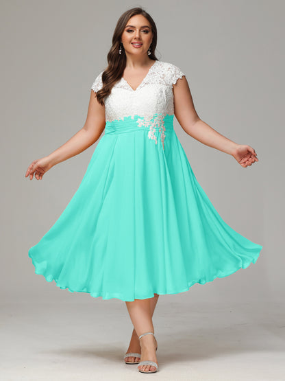 Tea-length Cap Sleeves Chiffon Bridesmaid Dress Plus Size