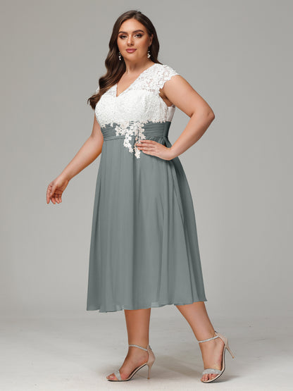 Tea-length Cap Sleeves Chiffon Bridesmaid Dress Plus Size