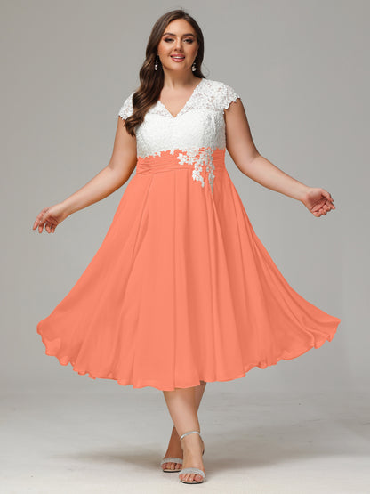 Tea-length Cap Sleeves Chiffon Bridesmaid Dress Plus Size