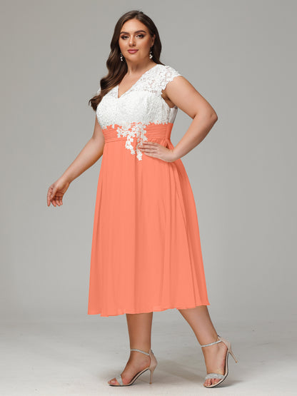 Tea-length Cap Sleeves Chiffon Bridesmaid Dress Plus Size