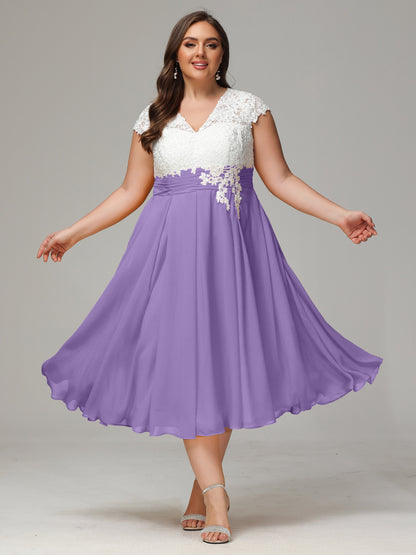 Tea-length Cap Sleeves Chiffon Bridesmaid Dress Plus Size