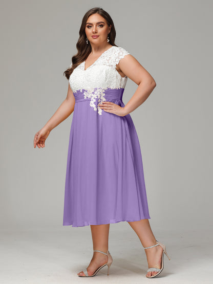 Tea-length Cap Sleeves Chiffon Bridesmaid Dress Plus Size