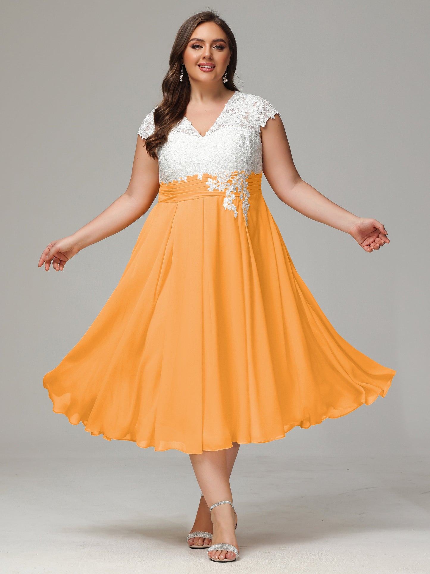 Tea-length Cap Sleeves Chiffon Bridesmaid Dress Plus Size