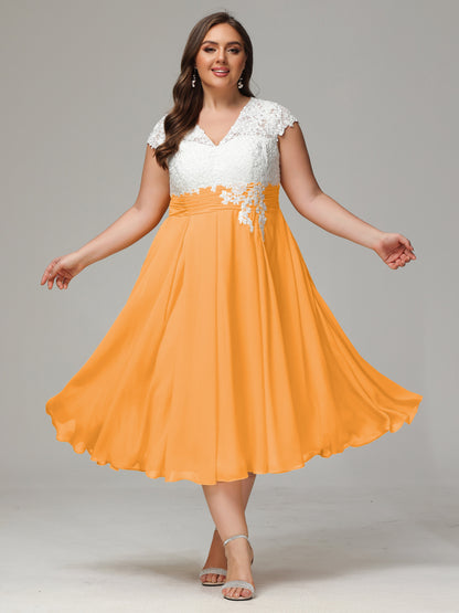 Tea-length Cap Sleeves Chiffon Bridesmaid Dress Plus Size