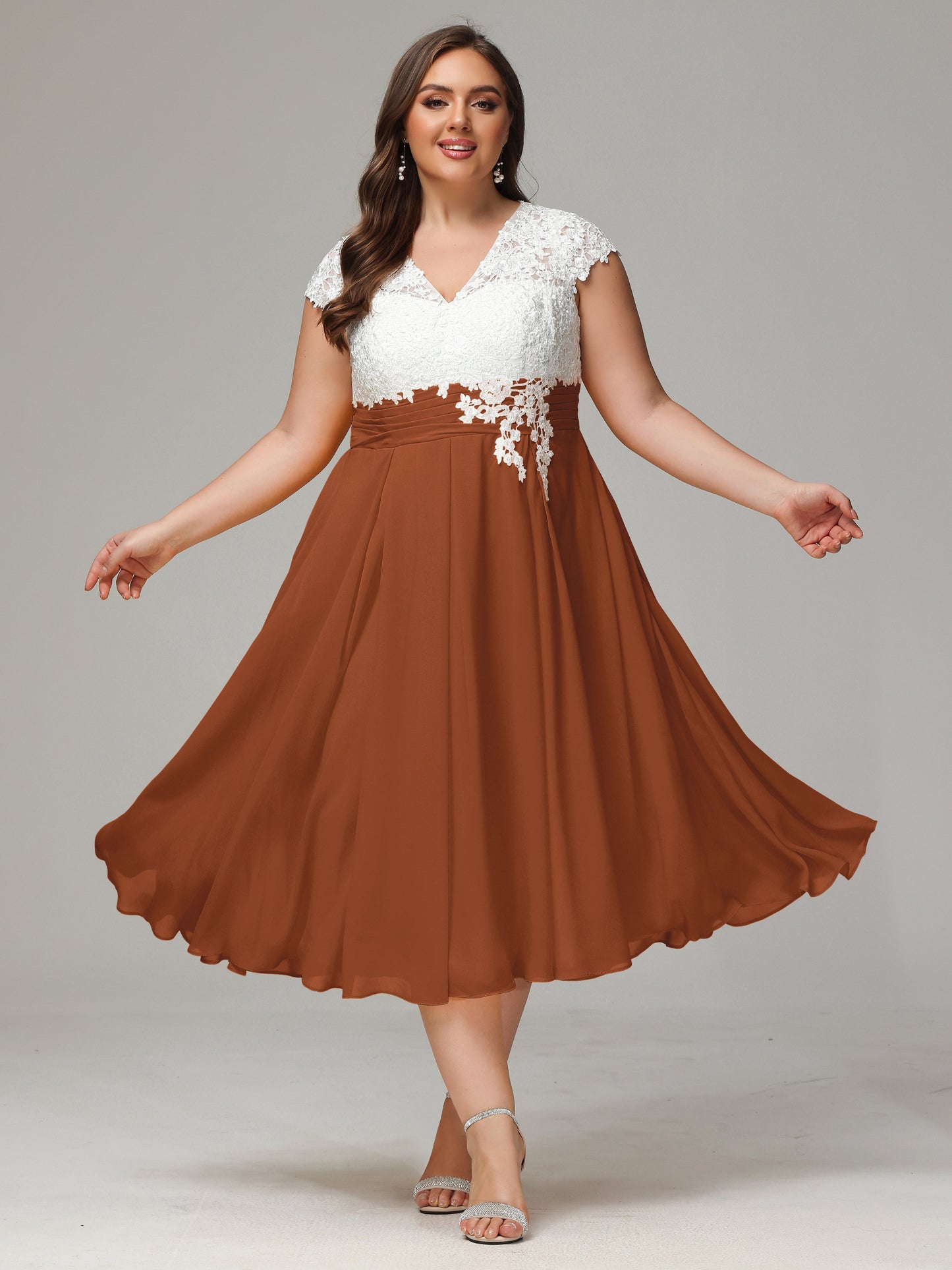 Tea-length Cap Sleeves Chiffon Bridesmaid Dress Plus Size