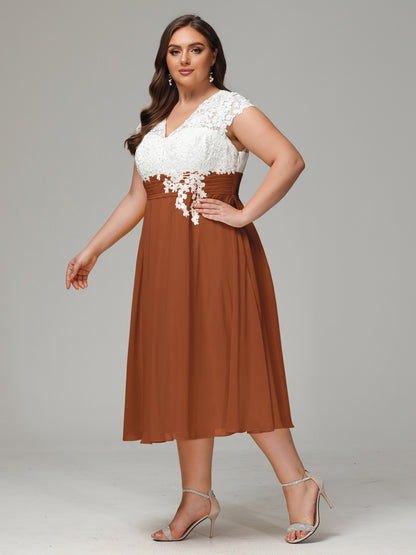 Tea-length Cap Sleeves Chiffon Bridesmaid Dress Plus Size