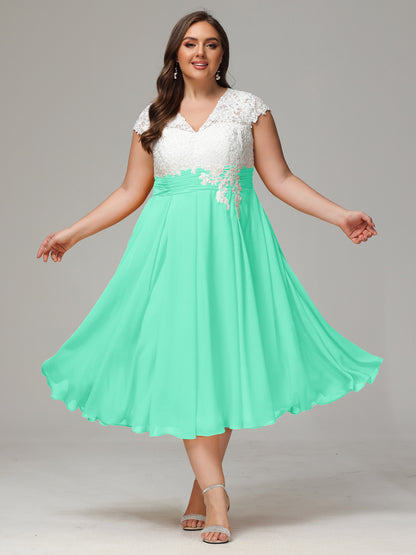 Tea-length Cap Sleeves Chiffon Bridesmaid Dress Plus Size