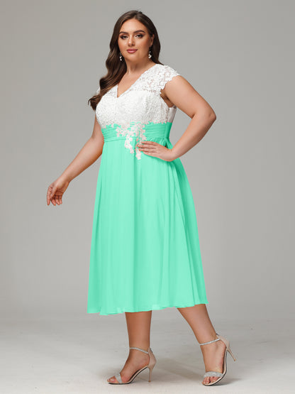 Tea-length Cap Sleeves Chiffon Bridesmaid Dress Plus Size