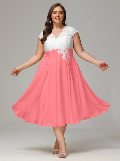 Tea-length Cap Sleeves Chiffon Bridesmaid Dress Plus Size