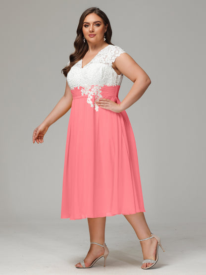Tea-length Cap Sleeves Chiffon Bridesmaid Dress Plus Size