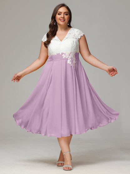 Tea-length Cap Sleeves Chiffon Bridesmaid Dress Plus Size