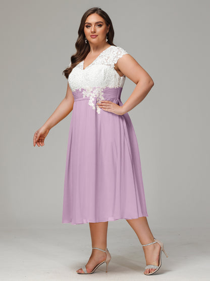 Tea-length Cap Sleeves Chiffon Bridesmaid Dress Plus Size