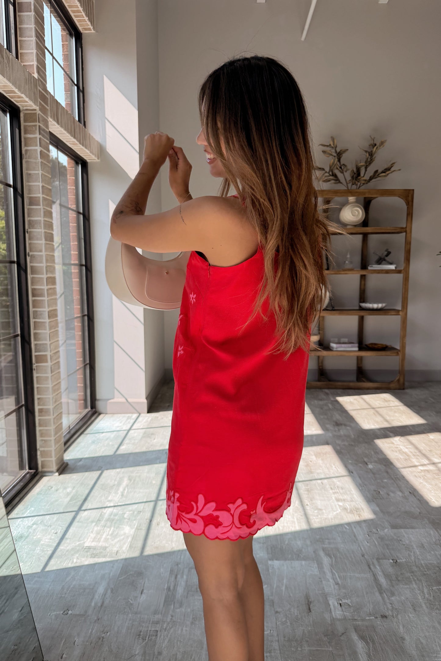 Selena Red & Pink Floral Scallop Mini Dress