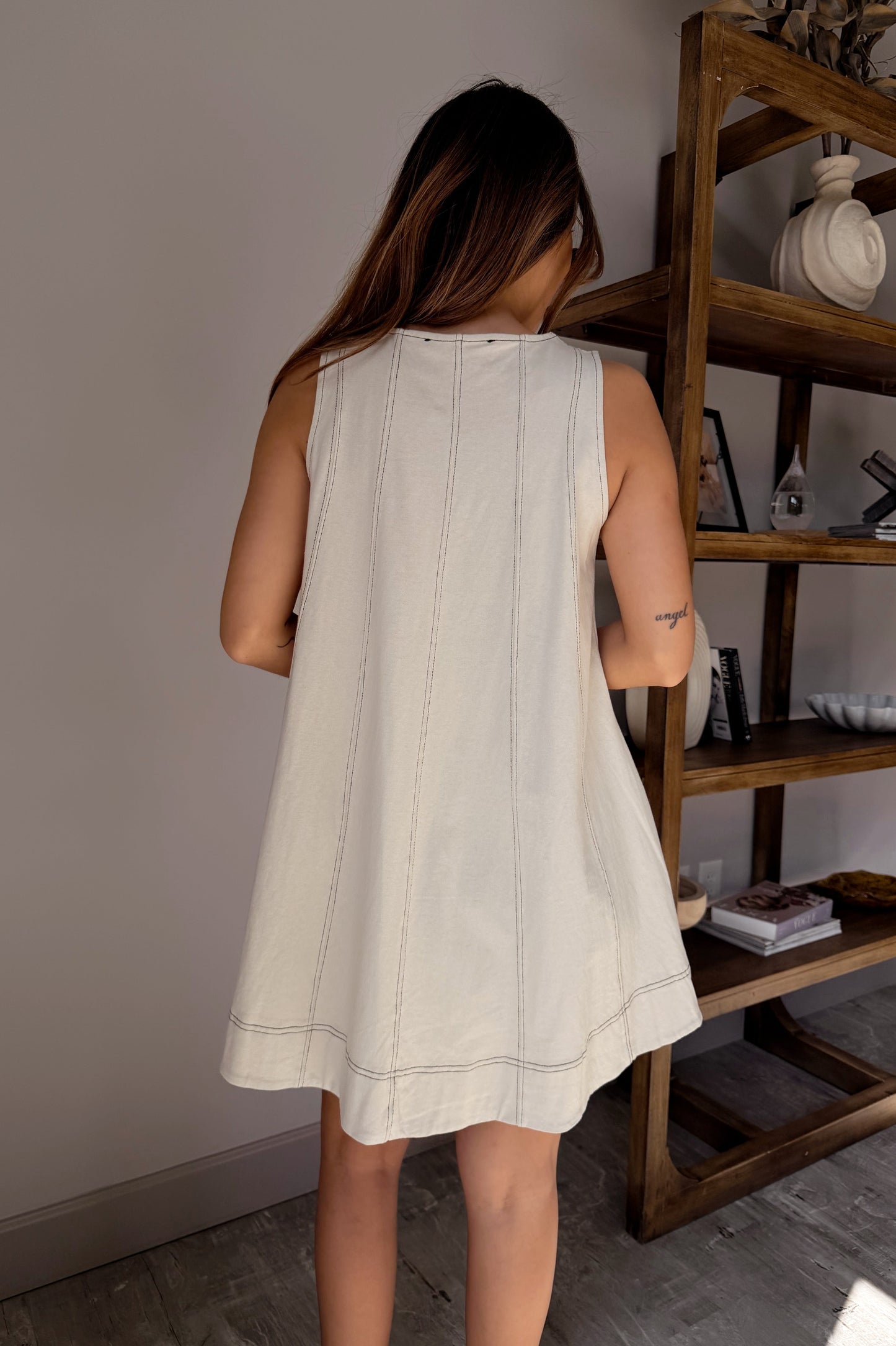 Nyla Ecru & Black Trim Flare Mini Dress