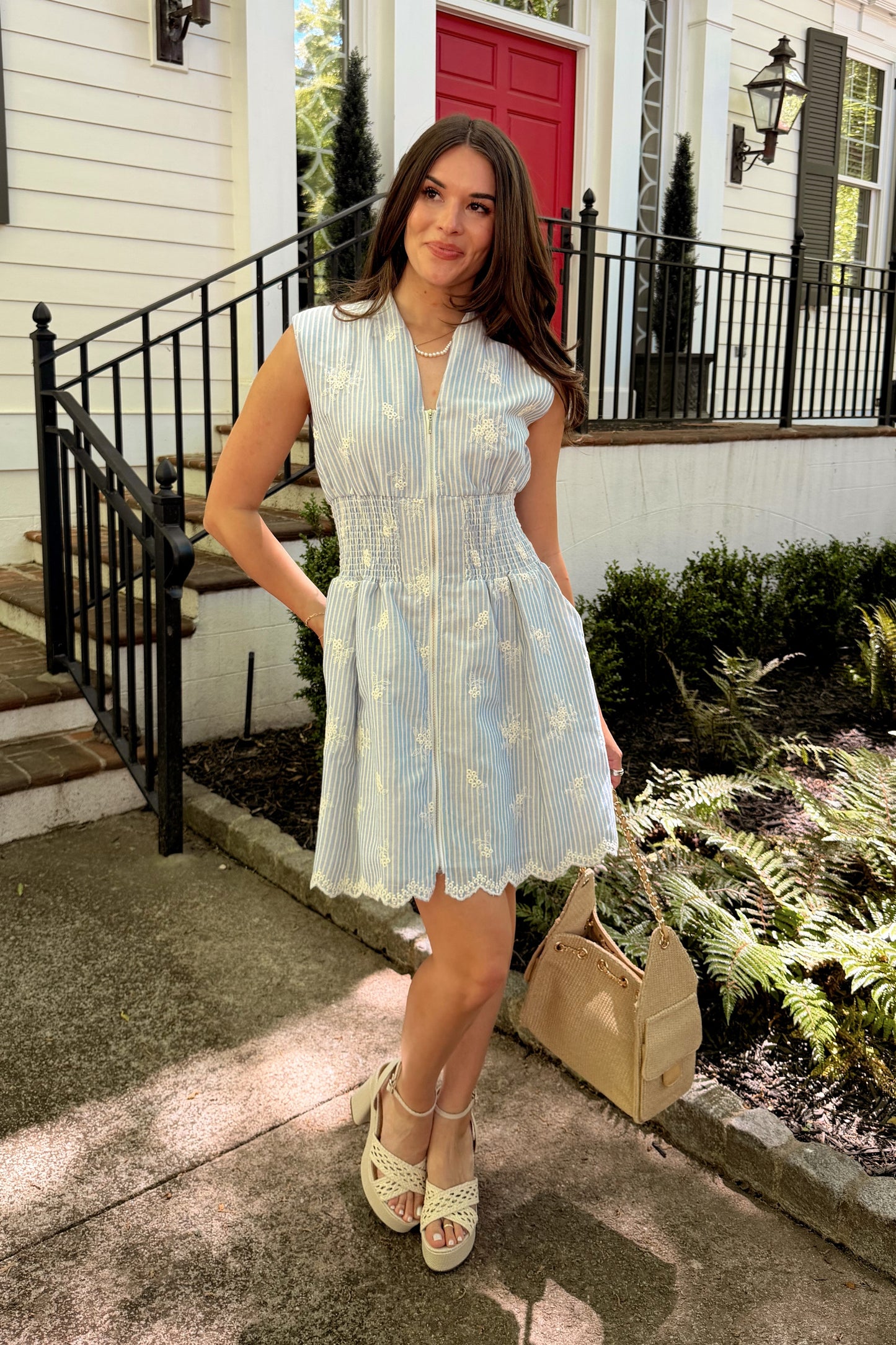 Tori Light Blue Striped Eyelet Mini Dress