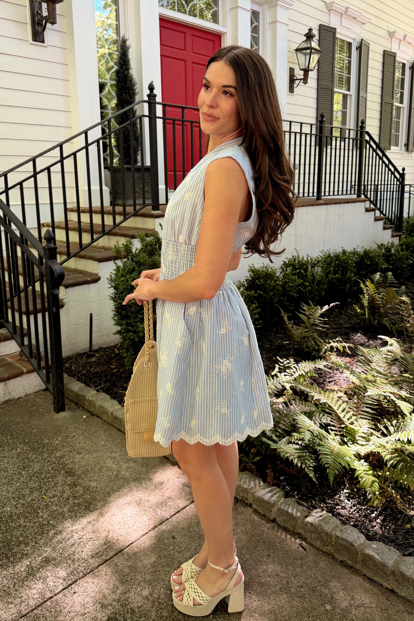 Tori Light Blue Striped Eyelet Mini Dress