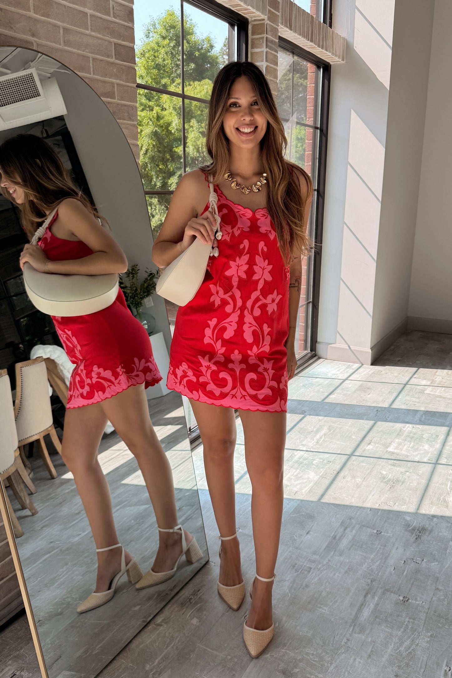 Selena Red & Pink Floral Scallop Mini Dress