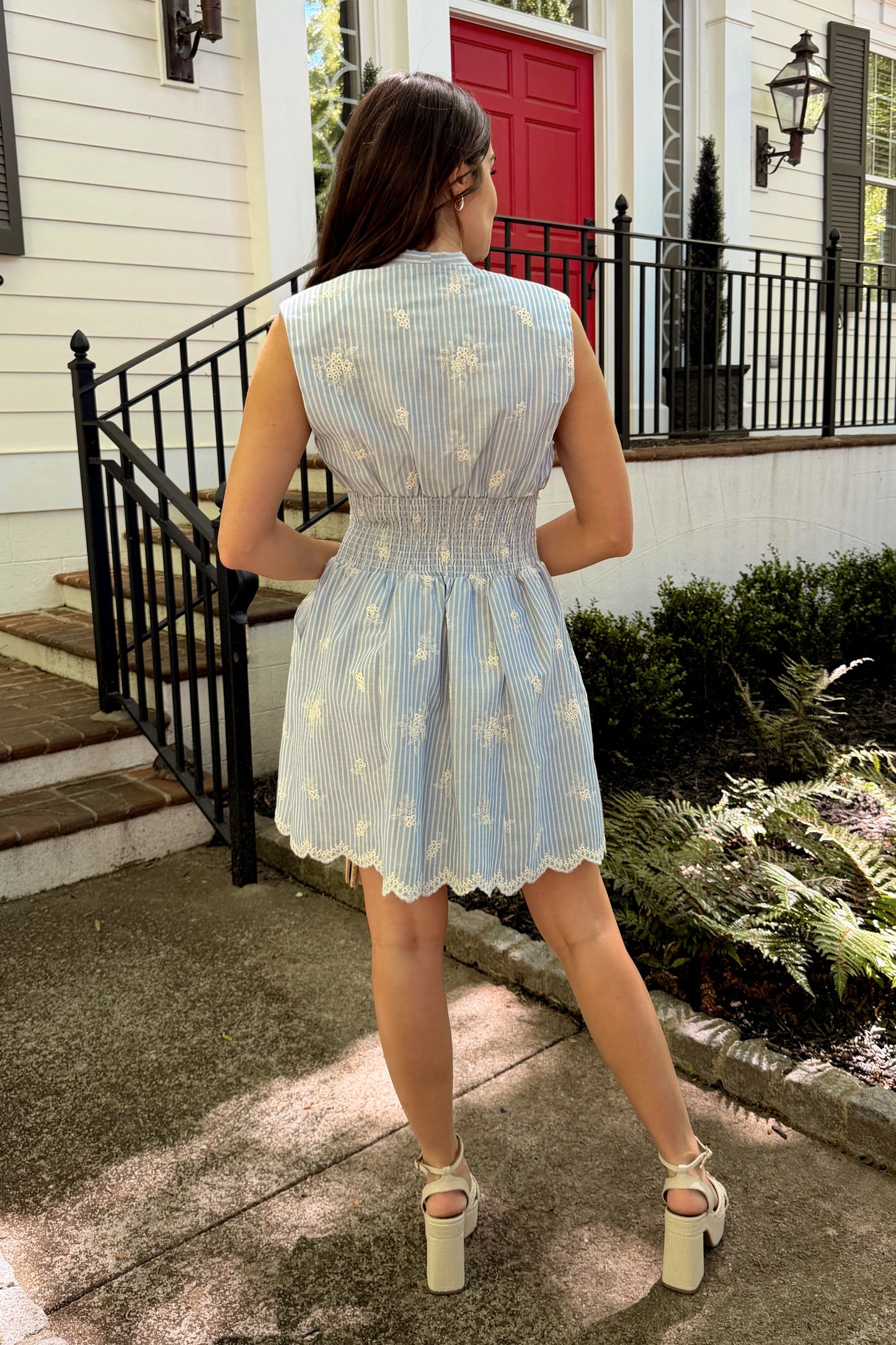 Tori Light Blue Striped Eyelet Mini Dress
