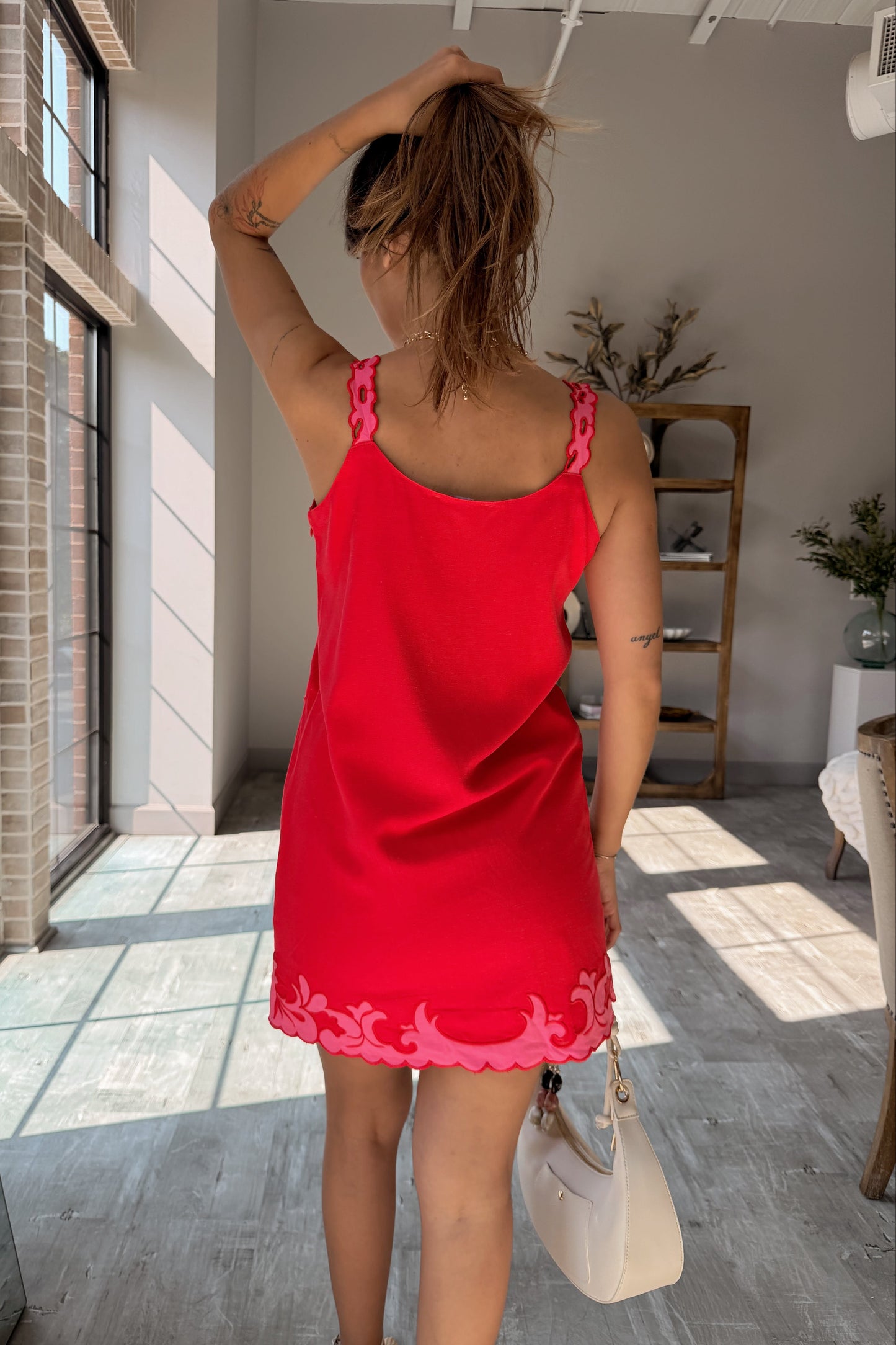 Selena Red & Pink Floral Scallop Mini Dress