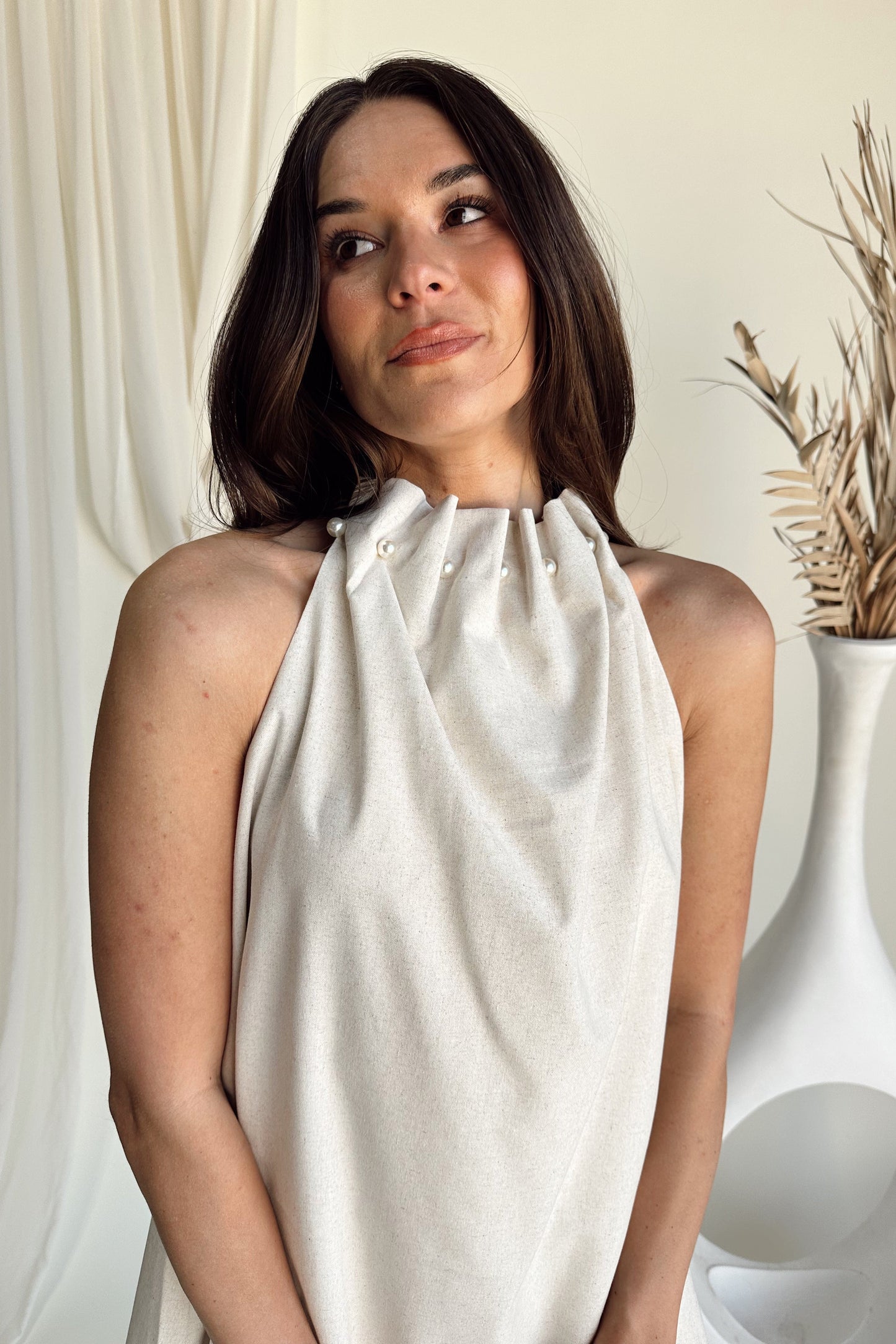 Celeste Natural Linen & Pearls Mini Dress