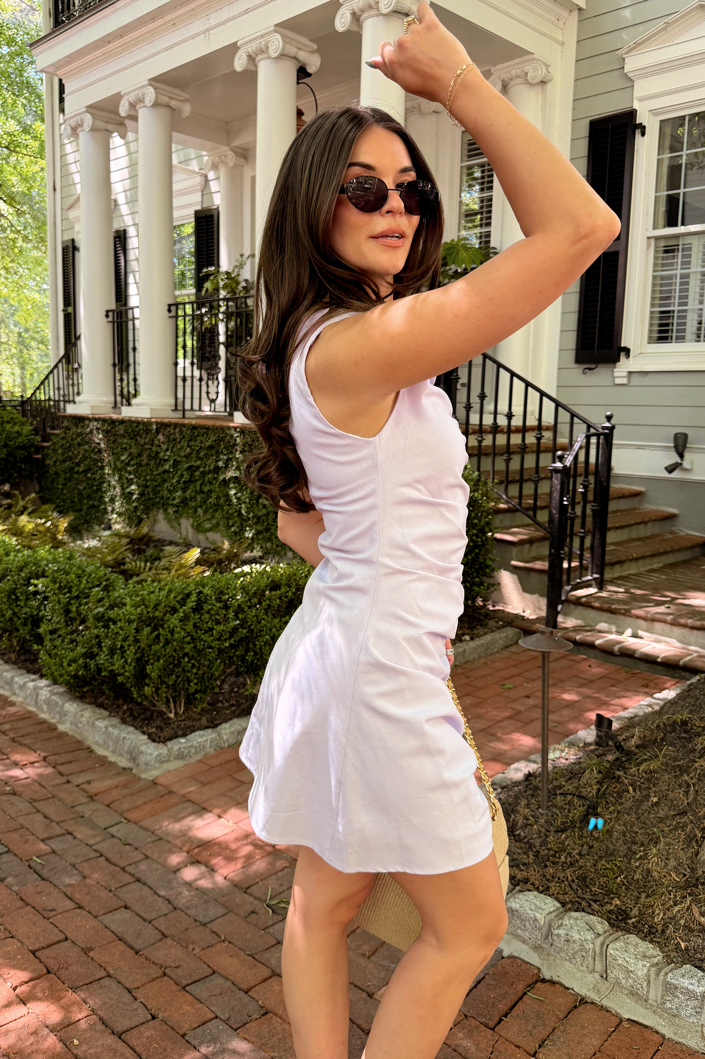 Amelia Lavender Ruched & Buttoned Mini Dress