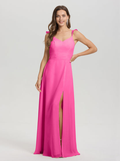 V-Neck Straps Back Tie Floor Length Chiffon Bridesmaid Dress with Slit