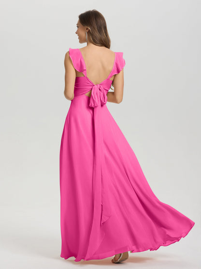 V-Neck Straps Back Tie Floor Length Chiffon Bridesmaid Dress with Slit