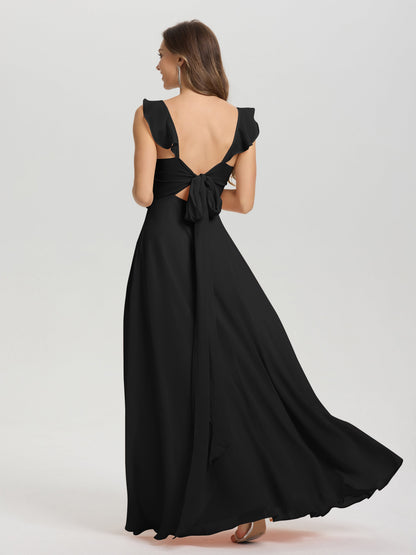 V-Neck Straps Back Tie Floor Length Chiffon Bridesmaid Dress with Slit