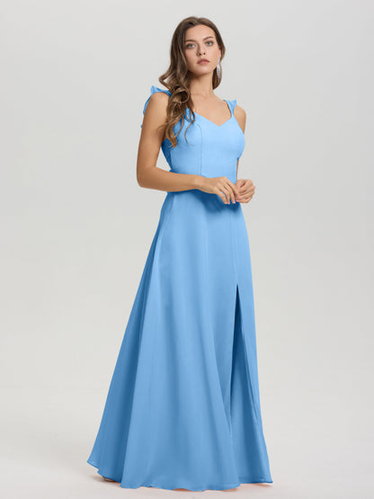 V-Neck Straps Back Tie Floor Length Chiffon Bridesmaid Dress with Slit