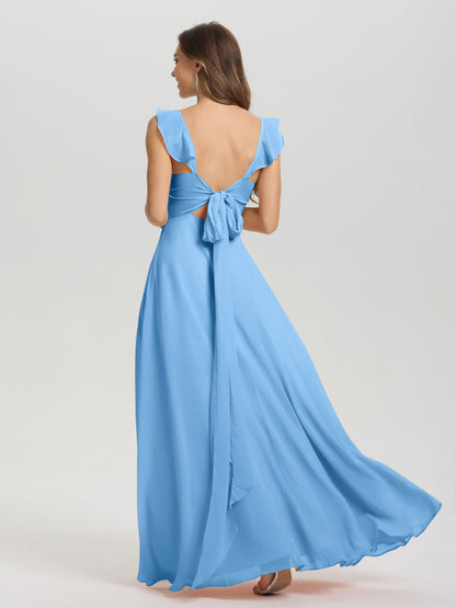 V-Neck Straps Back Tie Floor Length Chiffon Bridesmaid Dress with Slit