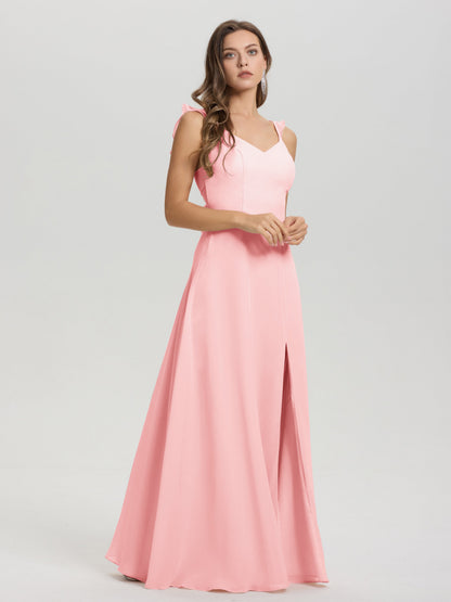 V-Neck Straps Back Tie Floor Length Chiffon Bridesmaid Dress with Slit