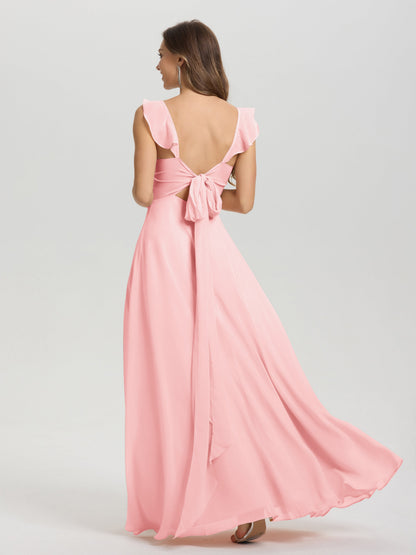 V-Neck Straps Back Tie Floor Length Chiffon Bridesmaid Dress with Slit