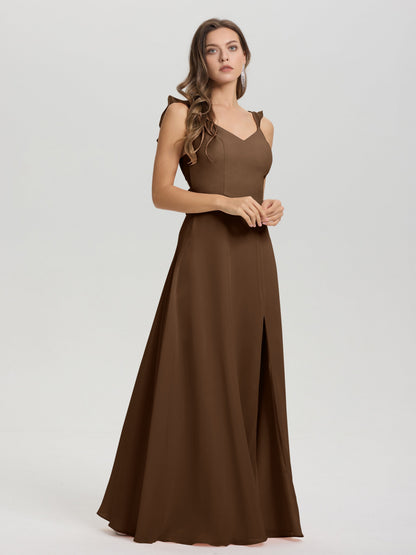 V-Neck Straps Back Tie Floor Length Chiffon Bridesmaid Dress with Slit
