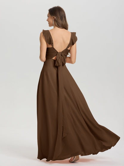 V-Neck Straps Back Tie Floor Length Chiffon Bridesmaid Dress with Slit