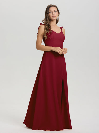 V-Neck Straps Back Tie Floor Length Chiffon Bridesmaid Dress with Slit
