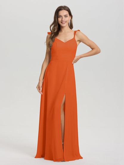 V-Neck Straps Back Tie Floor Length Chiffon Bridesmaid Dress with Slit