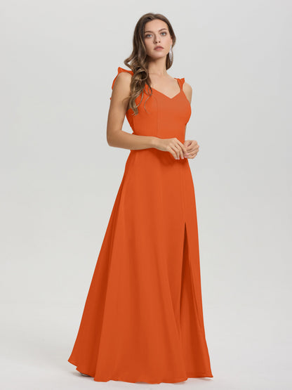 V-Neck Straps Back Tie Floor Length Chiffon Bridesmaid Dress with Slit