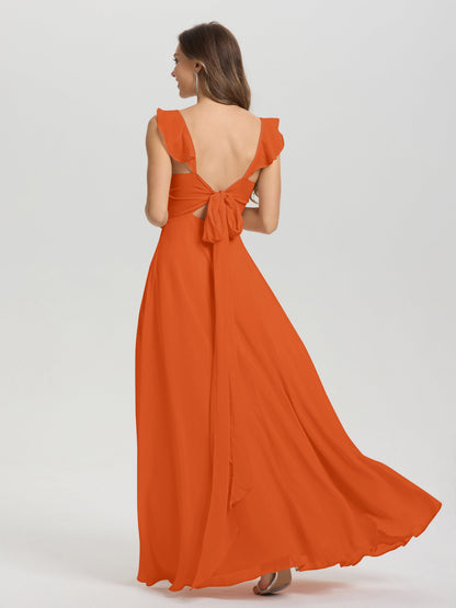 V-Neck Straps Back Tie Floor Length Chiffon Bridesmaid Dress with Slit