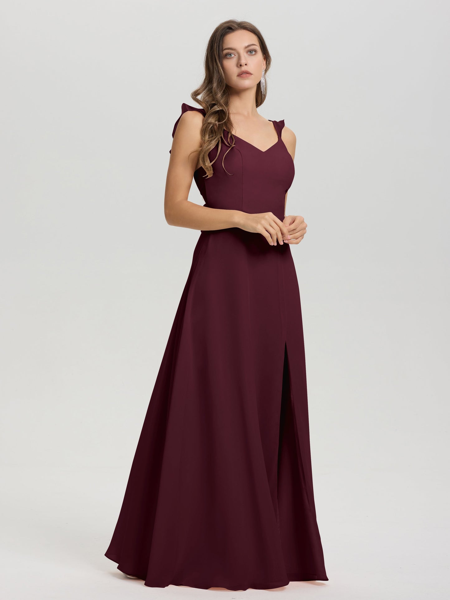 V-Neck Straps Back Tie Floor Length Chiffon Bridesmaid Dress with Slit