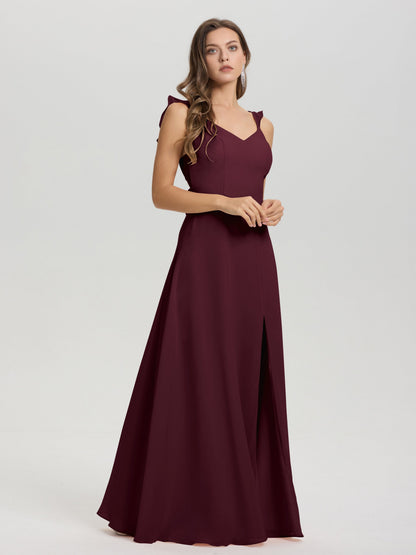 V-Neck Straps Back Tie Floor Length Chiffon Bridesmaid Dress with Slit