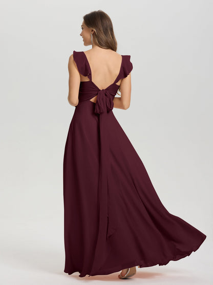 V-Neck Straps Back Tie Floor Length Chiffon Bridesmaid Dress with Slit