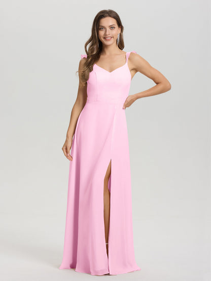 V-Neck Straps Back Tie Floor Length Chiffon Bridesmaid Dress with Slit