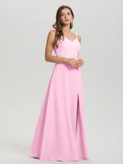 V-Neck Straps Back Tie Floor Length Chiffon Bridesmaid Dress with Slit
