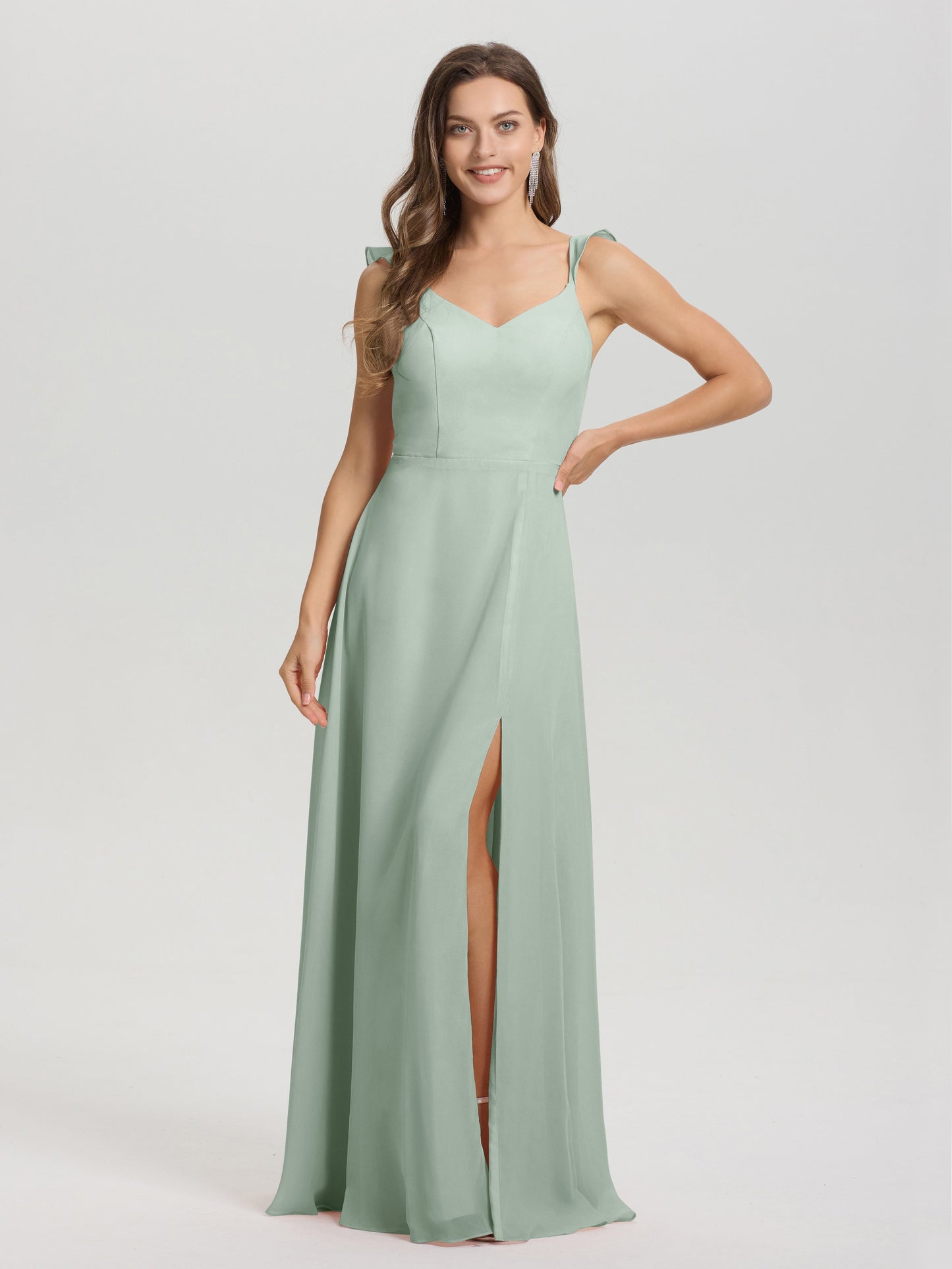 V-Neck Straps Back Tie Floor Length Chiffon Bridesmaid Dress with Slit