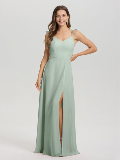 V-Neck Straps Back Tie Floor Length Chiffon Bridesmaid Dress with Slit