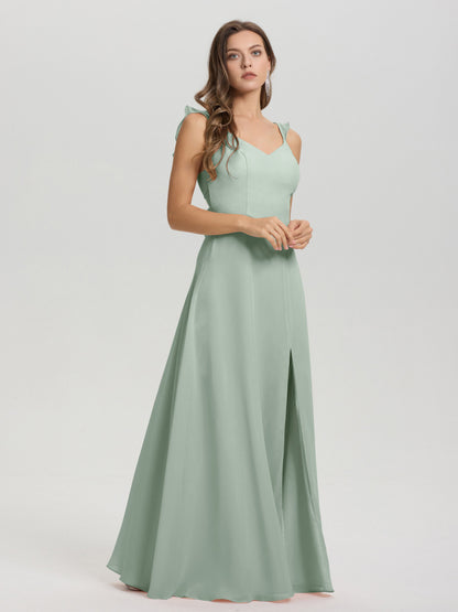 V-Neck Straps Back Tie Floor Length Chiffon Bridesmaid Dress with Slit