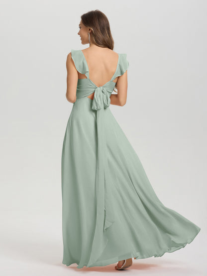 V-Neck Straps Back Tie Floor Length Chiffon Bridesmaid Dress with Slit