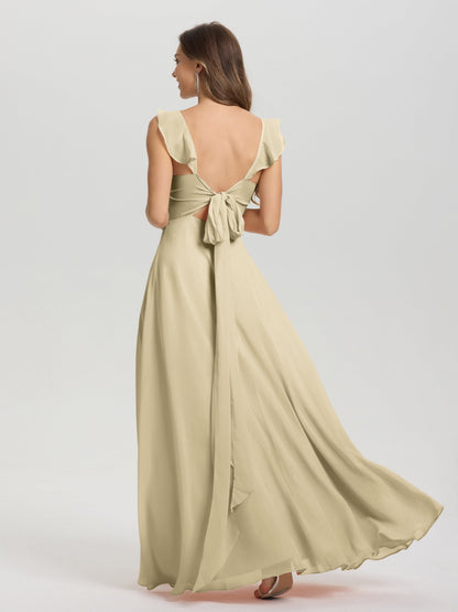 V-Neck Straps Back Tie Floor Length Chiffon Bridesmaid Dress with Slit