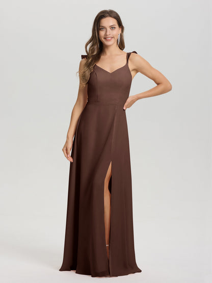 V-Neck Straps Back Tie Floor Length Chiffon Bridesmaid Dress with Slit