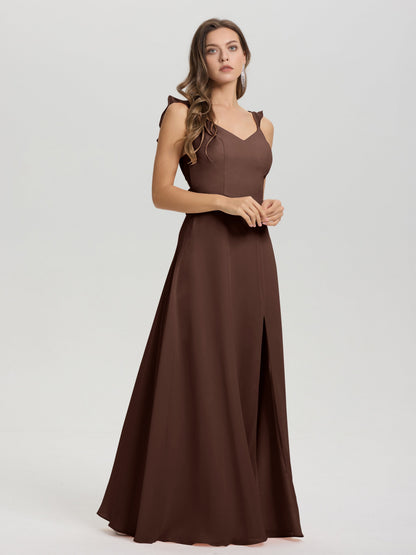 V-Neck Straps Back Tie Floor Length Chiffon Bridesmaid Dress with Slit